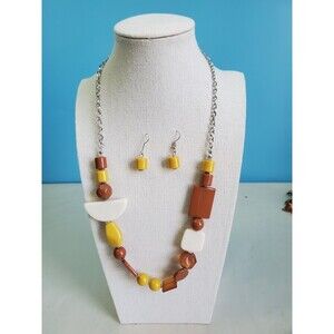 Boho Chunky Beaded Necklace & Dangle Earrings Set - Mustard Yellow & Adobe Brown